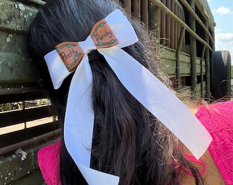 Handmade Western Leather Hair Bow: Turquoise Painted Barrette