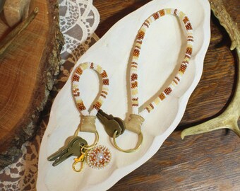 Beaded Wristlet and Keychain: Desert Sands | Browns and Neutrals, Native Beadwork, Handmade