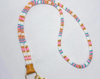 Handmade Beaded lanyard | Gold and Pink Aesthetic | Beaded rope lanyard | Badge holder | Native Made | Pink and Gold | Girly