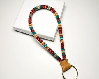 Handmade Seed Bead Wristlet Keychain: Western Charm | Turquoise and Neutral | Native Style Beadwork