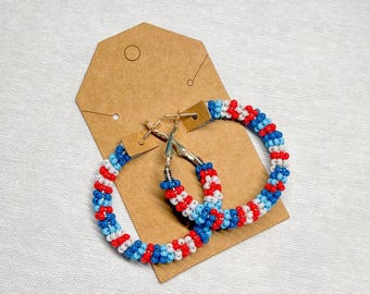 Beaded USA Flag Hoop Earrings: Patriotic Fourth of July Jewelry