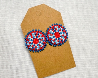 Fireworks, Medallion earrings, Stud Beaded earrings,Fourth of July,Red,White,andBlue,earrings, America,Seed bead,USA,Patriotic earring