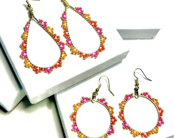 Handmade Beaded Hoop Earrings: Gold, Pink & Orange Seed Bead Jewelry