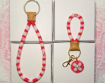 Beaded Keychain or Key Fob | Pink, Gold, & Leather Valentine's Gift