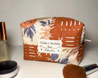Handmade Quilted Makeup Bag | Floral Rust, Bible Verse Patch Cosmetics Boxy Bag
