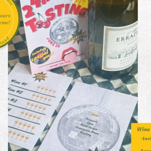 Convite para Festa de Degustação de Vinhos, Modelo de Cardápio e Cartão de Pontuação, Download Editável do Canva | Tema Disco | Imprimíveis para Festa de Aniversário ou Jantar