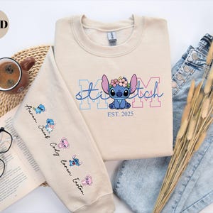 Custom Disney Stitch Mama Sweatshirt, Kids Name on Sleeve Sweatshirt,Disney Stitch Hoodie, Mother's Day Sweatshirt Gift For Mom,