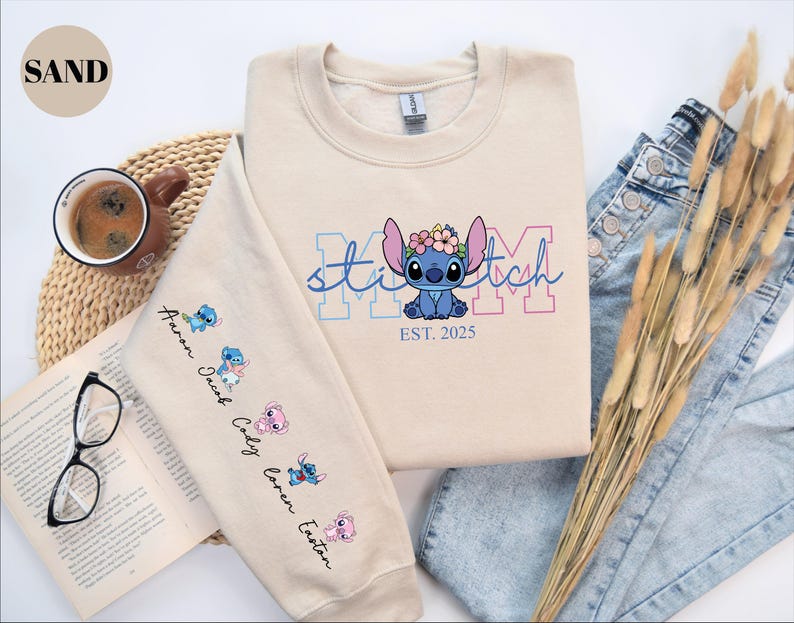 Custom Disney Stitch Mama Sweatshirt, Kids Name on Sleeve Sweatshirt,Disney Stitch Hoodie, Mother's Day Sweatshirt Gift For Mom,