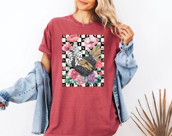 Comfort Colors® Boho Chickens Shirt, Retro Farmhouse Floral Backyard Chicken Tee, Cottagecore Aesthetic Clothing, Chicken Gift for Her