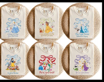 Comfort Colors® Coquette Bows Disney All Princesses Characters Shirt,Cinderella Belle Elsa Snow White Ariel Rapunzel Tee, Disney Princess