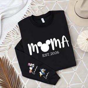 Comfort Colors® Personalized Disney Mickey and Friends Mama Sweatshirt, Disney Custom Mom,With Kids Name On Sleeve, Mother's Day Gift