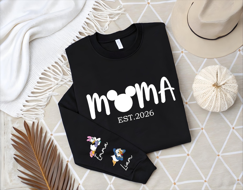 Comfort Colors® Personalized Disney Mickey and Friends Mama Sweatshirt, Disney Custom Mom,With Kids Name On Sleeve, Mother's Day Gift