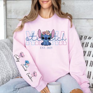 Custom Disney Stitch Mama Shirt, Kids Name on Sleeve Sweatshirt,Disney Stitch Hoodie, Mother's Day Sweatshirt Gift For Mom,