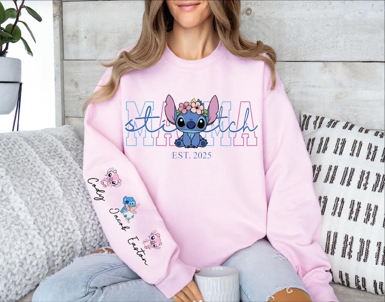 Custom Disney Stitch Mama Shirt, Kids Name on Sleeve Sweatshirt,Disney Stitch Hoodie, Mother's Day Sweatshirt Gift For Mom,