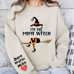 Custom Mimi Witch Sweatshirt for Halloween, Mimi Witch Sweatshirt with Names on Sleeve, Custom Halloween Mimi Shirt with Kid name Sweatshirt