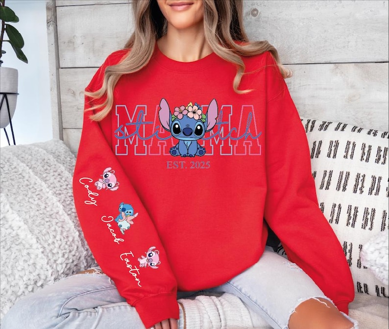 Custom Disney Stitch Mama Shirt, Kids Name on Sleeve Sweatshirt,Disney Stitch Hoodie, Mother's Day Sweatshirt Gift For Mom,