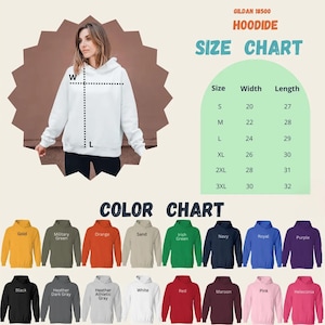 The image is a size chart for a hoodie, featuring a woman's image and a color chart with various colored hoodies.