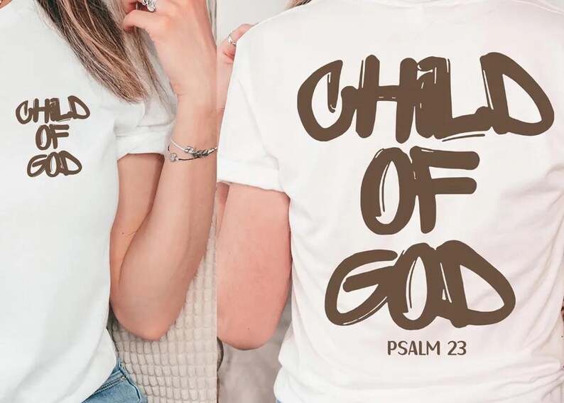 two people wearing white t-shirts with the text "CHILD OF GOD" printed on the back.