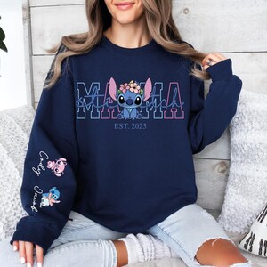 Custom Disney Stitch Mama Shirt, Kids Name on Sleeve Sweatshirt,Disney Stitch Hoodie, Mother's Day Sweatshirt Gift For Mom,