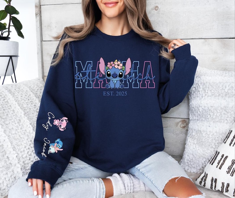 Custom Disney Stitch Mama Shirt, Kids Name on Sleeve Sweatshirt,Disney Stitch Hoodie, Mother's Day Sweatshirt Gift For Mom,