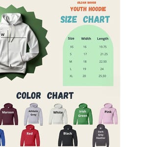 The image is a size chart and color chart for a youth hoodie. It displays the measurements and corresponding colors for different sizes, including XS, S, M, L, XL, and XXL. The chart also includes color options such as navy, maroon, athletic, grey, green, pink, royal, red, black, and heather.