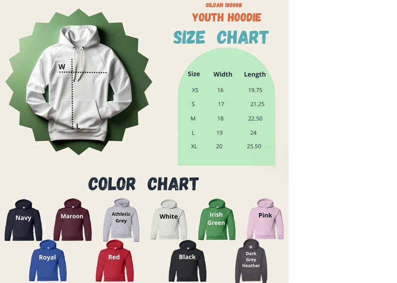The image is a size chart and color chart for a youth hoodie. It displays the measurements and corresponding colors for different sizes, including XS, S, M, L, XL, and XXL. The chart also includes color options such as navy, maroon, athletic, grey, green, pink, royal, red, black, and heather.