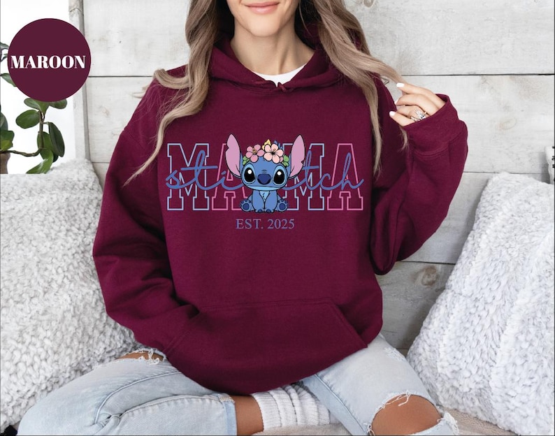 Custom Disney Stitch Mama Shirt, Kids Name on Sleeve Sweatshirt,Disney Stitch Hoodie, Mother's Day Sweatshirt Gift For Mom,