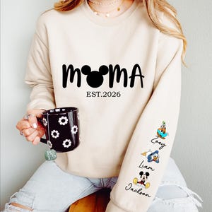 Comfort Colors® Personalized Disney Mickey and Friends Mama Sweatshirt, Disney Custom Mom,With Kids Name On Sleeve, Mother's Day Gift