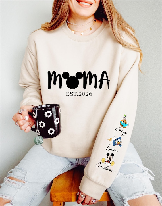 Comfort Colors®  Personalized Disney Mickey and Friends Mama Sweatshirt, Disney Custom Mom,With Kids Name On Sleeve, Mother's Day Gift