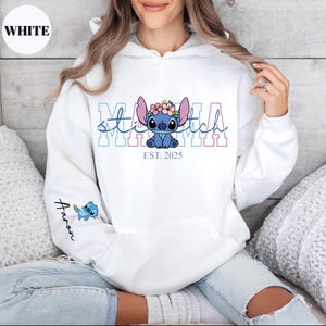 Custom Disney Stitch Mama Shirt, Kids Name on Sleeve Sweatshirt,Disney Stitch Hoodie, Mother's Day Sweatshirt Gift For Mom,