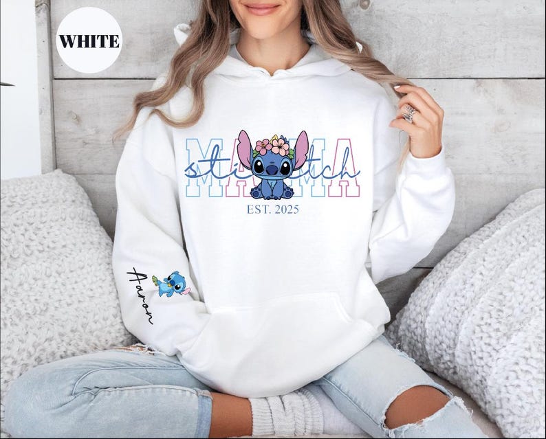 Custom Disney Stitch Mama Shirt, Kids Name on Sleeve Sweatshirt,Disney Stitch Hoodie, Mother's Day Sweatshirt Gift For Mom,