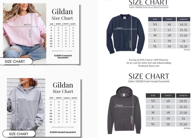 The image is a size chart for a youth-oriented hoodie, including measurements for chest, length, and waist.