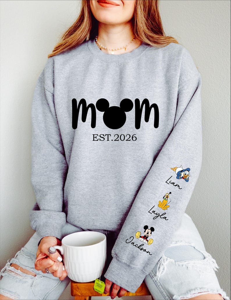 Comfort Colors® Personalized Disney Mickey and Friends Mama Sweatshirt, Disney Custom Mom,With Kids Name On Sleeve, Mother's Day Gift