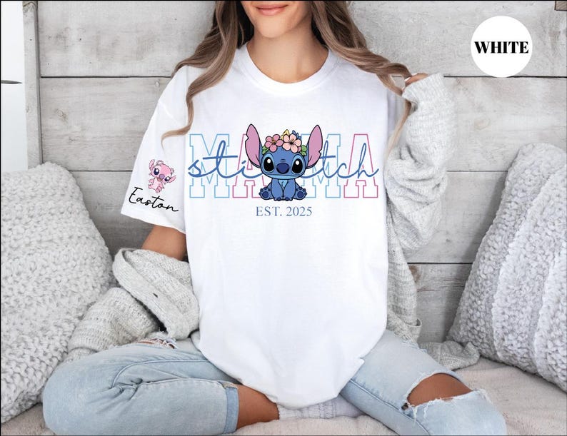 Custom Disney Stitch Mama Shirt, Kids Name on Sleeve Sweatshirt,Disney Stitch Hoodie, Mother's Day Sweatshirt Gift For Mom,