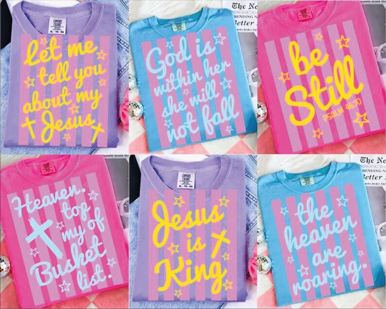 The image is a collage of six colorful t-shirts with various religious and inspirational messages printed on them.