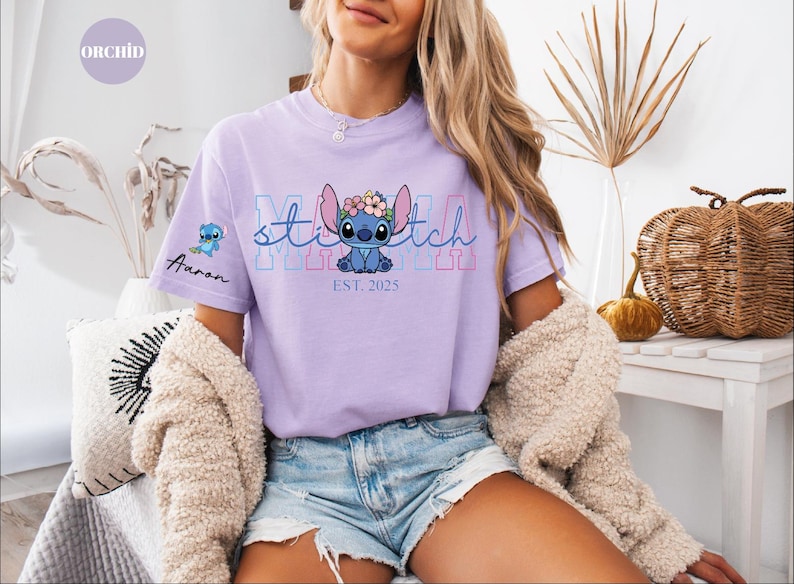 Custom Disney Stitch Mama Shirt, Kids Name on Sleeve Sweatshirt,Disney Stitch Hoodie, Mother's Day Sweatshirt Gift For Mom,