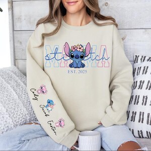 Custom Disney Stitch Mama Shirt, Kids Name on Sleeve Sweatshirt,Disney Stitch Hoodie, Mother's Day Sweatshirt Gift For Mom,
