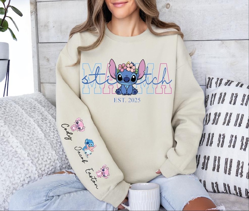 Custom Disney Stitch Mama Shirt, Kids Name on Sleeve Sweatshirt,Disney Stitch Hoodie, Mother's Day Sweatshirt Gift For Mom,