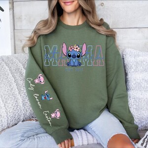 Custom Disney Stitch Mama Shirt, Kids Name on Sleeve Sweatshirt,Disney Stitch Hoodie, Mother's Day Sweatshirt Gift For Mom,