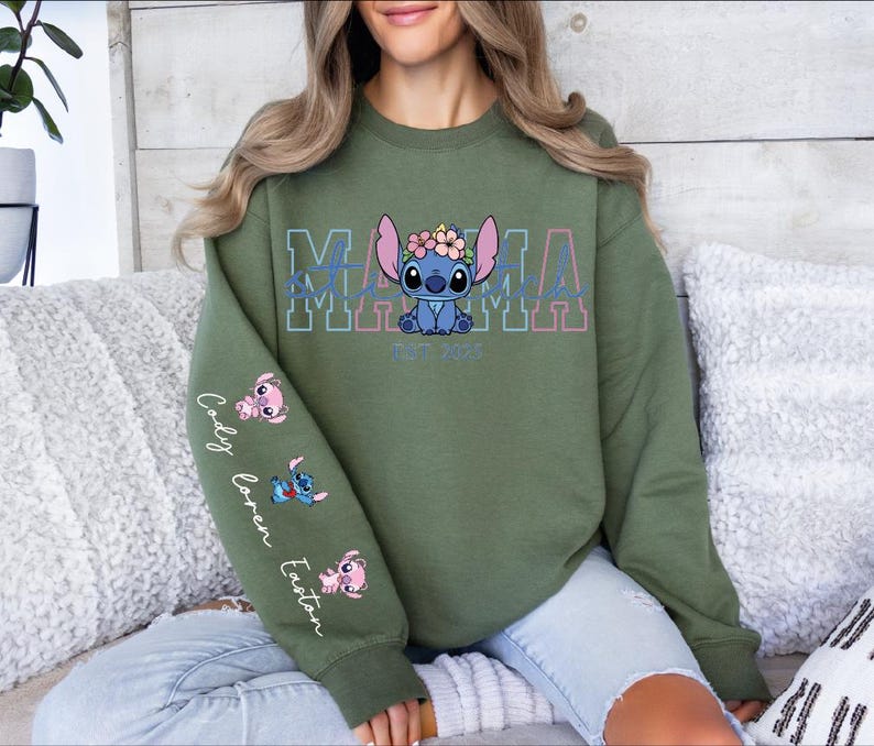 Custom Disney Stitch Mama Shirt, Kids Name on Sleeve Sweatshirt,Disney Stitch Hoodie, Mother's Day Sweatshirt Gift For Mom,