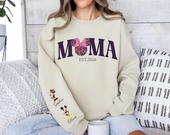 Comfort Colors®  Personalized Disney Mickey and Friends Mama Sweatshirt, Disney Custom Mom,With Kids Name On Sleeve, Mother's Day Gift