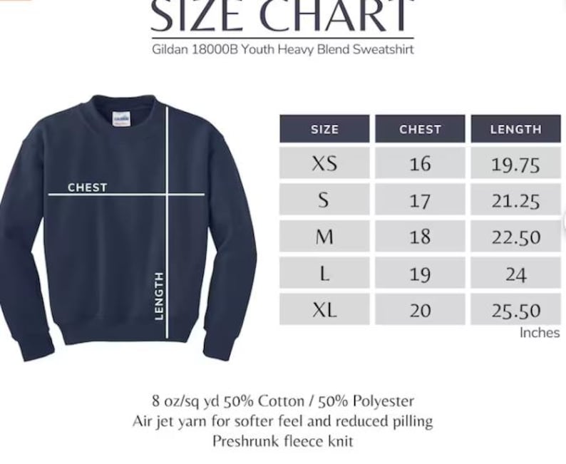 the size chart for a sweatshirt