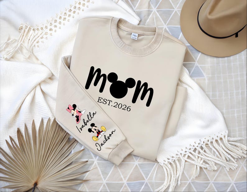 Comfort Colors® Personalized Disney Mickey and Friends Mama Sweatshirt, Disney Custom Mom,With Kids Name On Sleeve, Mother's Day Gift