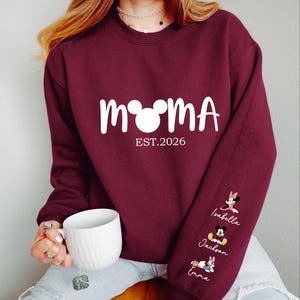 Comfort Colors® Personalized Disney Mickey and Friends Mama Sweatshirt, Disney Custom Mom,With Kids Name On Sleeve, Mother's Day Gift