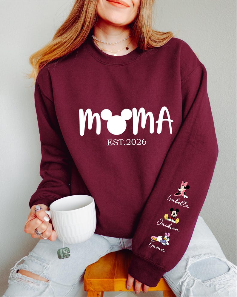 Comfort Colors® Personalized Disney Mickey and Friends Mama Sweatshirt, Disney Custom Mom,With Kids Name On Sleeve, Mother's Day Gift