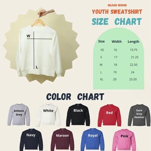 The image is a size chart for a youth sweatshirt, displaying the measurements and corresponding colors for different sizes.