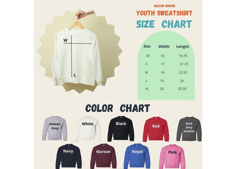 The image is a size chart for a youth sweatshirt, displaying the measurements and corresponding colors for different sizes.