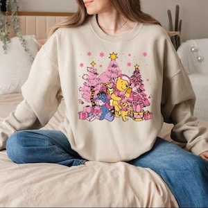 Winnie The Pooh Christmas Sweatshirt, The Most Wonderful Time Of The Year Sweatshirt, Pooh Bear & Friends, Christmas Pink Tree Sweatshirt