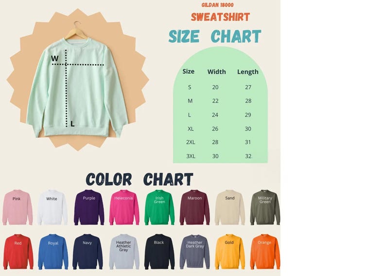 The image is a collage of various sweatshirt designs and color charts, including a size chart and a color chart. The sweatshirt designs are displayed in different colors, and the size chart provides measurements for each design.