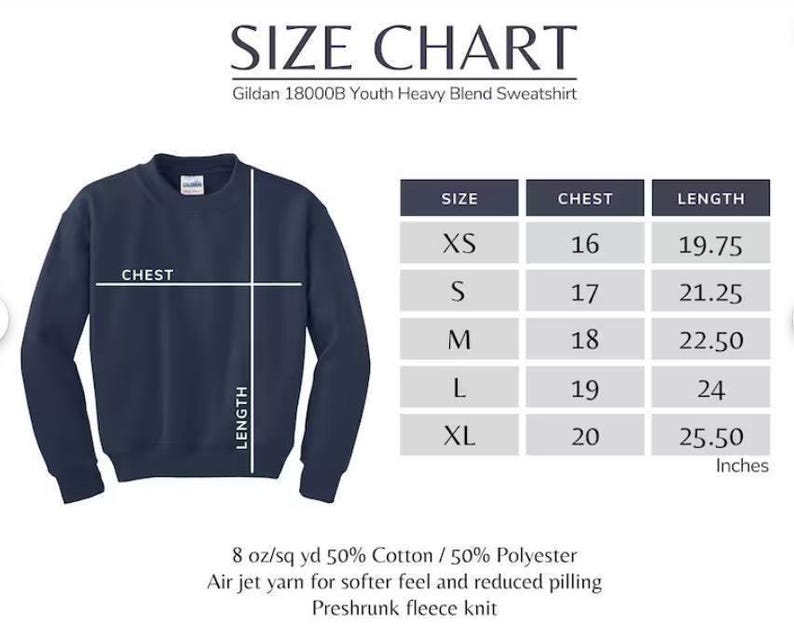 a size chart for a sweatshirt with measurements